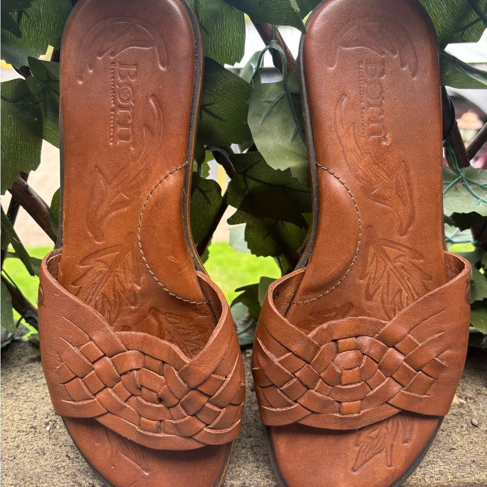 Artisanal Brown Leather Slide Sandals